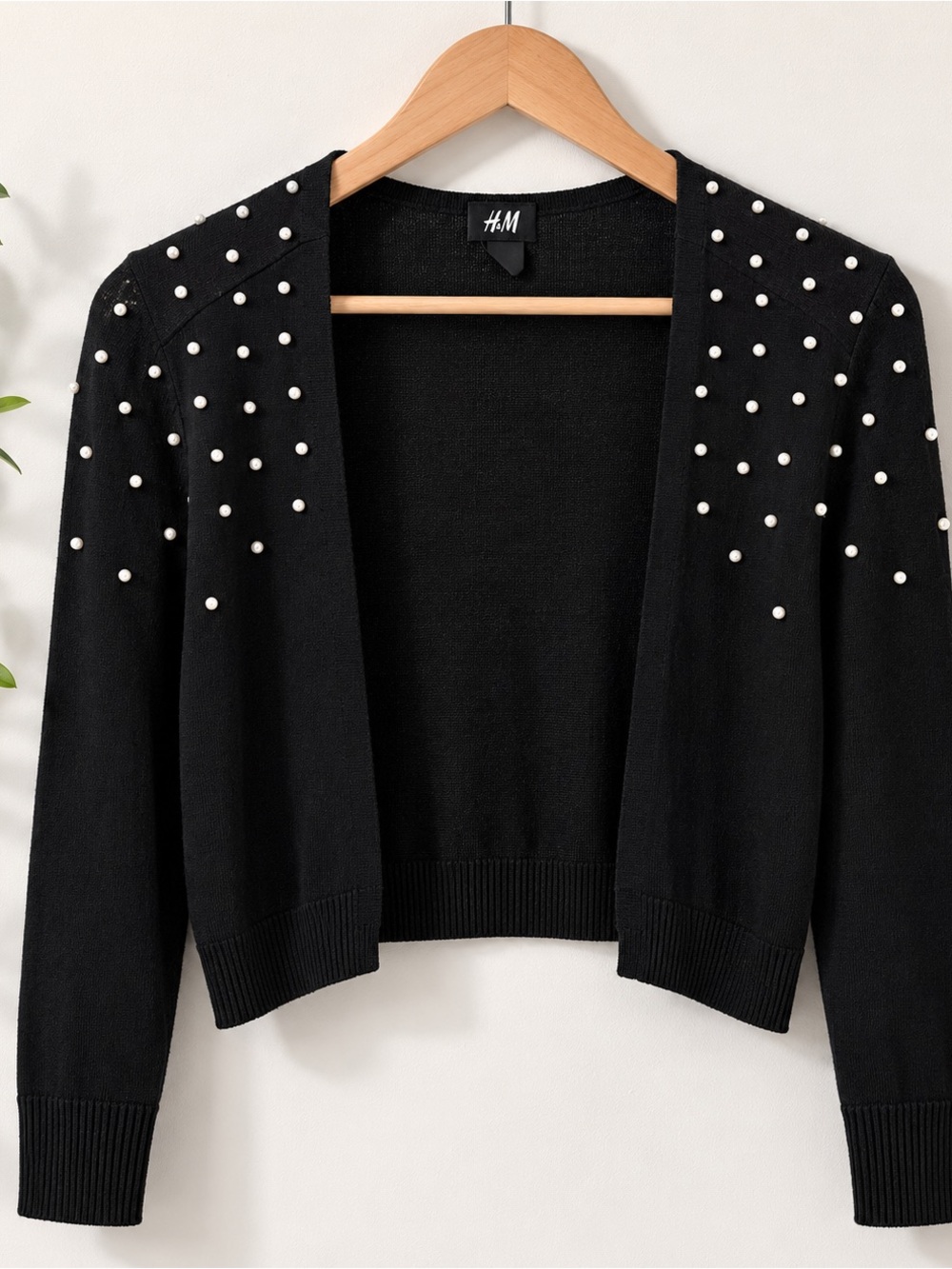 H&M Black Cropped Open-Front Cardigan with White Pearl Accents